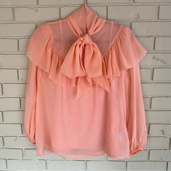 J. Crew Collection Small S Romance Pink Tie Neck 100% silk Chiffon Top Coquette - Picture 3 of 10
